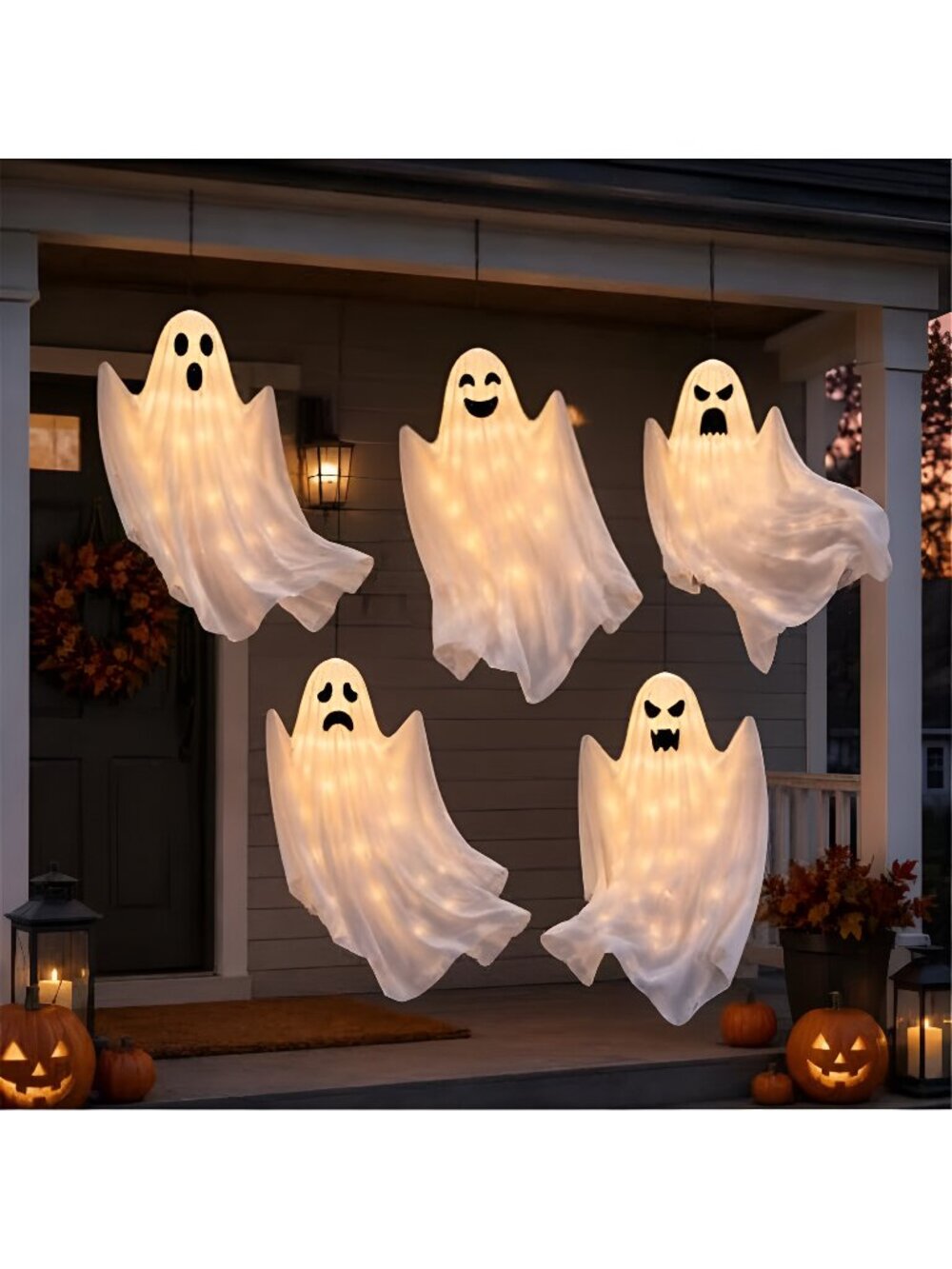 5 Pack Halloween LED Light Up Hanging Ghost Outdoor Decorations with Timer